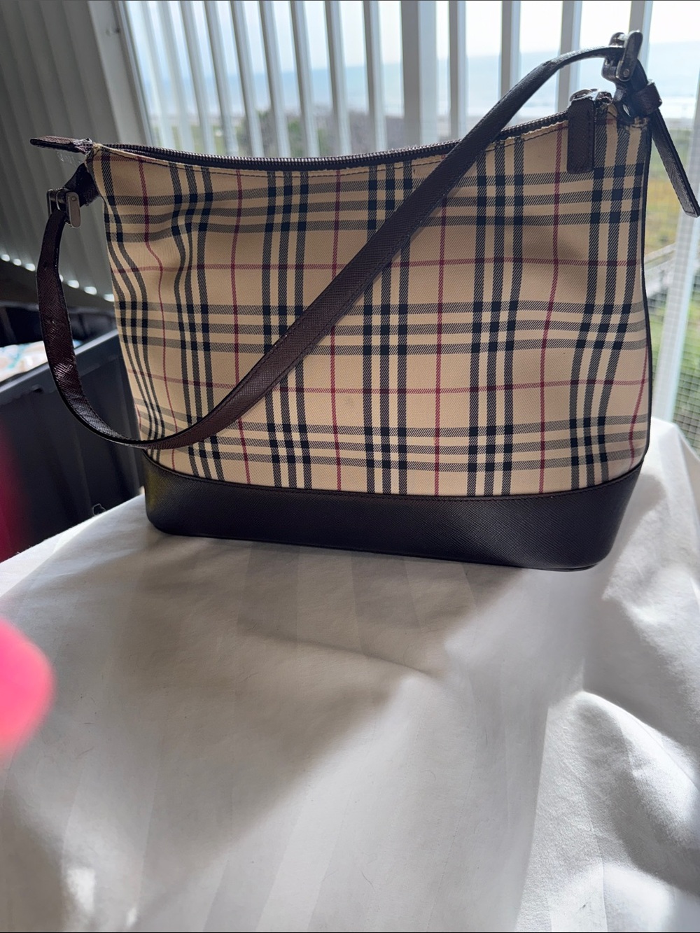 NWOT - Burberry Beige Nova Check Shoulder Bag with Dark Brown Leather Trim,